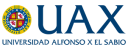 Logotipo institucional de la Universidad Alfonso X el Sabio (UAX), con el escudo circular oficial a la izquierda en colores amarillo, rojo y azul, y el texto “UAX” en gran tamaño azul oscuro a la derecha. Incluye debajo el nombre completo de la universidad. Representa a una institución académica privada de prestigio en España.